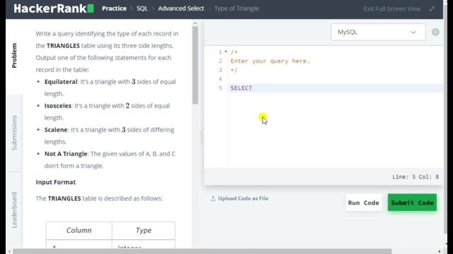 Assimilation test mysql questions || Part 2 || Types of triangles & the PADS hackerrank problems