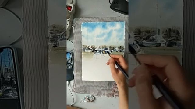 Яхты на причале акварелью | Watercolor yachts on the dock  #watercolor #акварель #watercolour