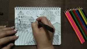 Рисуем деревенский пейзаж. Как нарисовать деревенский пейзаж. Рисуем линиями. Урок-4