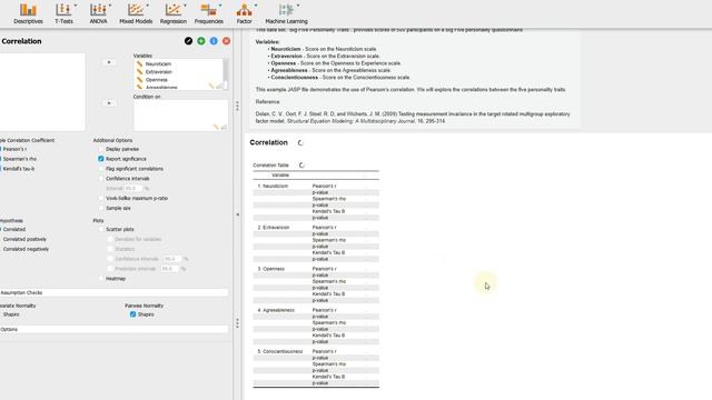 Корреляционный анализ в JASP