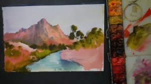 Watercolor Painting of Shadow of Mountain and River