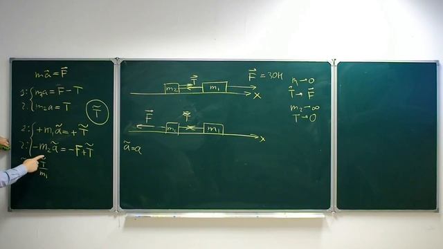 Очень интересная задача про два тела, связанные нитью, в которой надо найти силу натяжения. смотреть онлайн