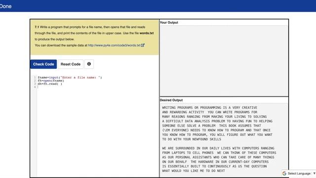Python For Everybody Assignment 7.1 | prompts file name | open, read, print words.txt | Files