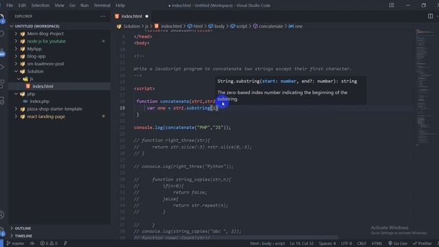JavaScript - Exercises, Practice, Solution [ 21 ]  concatenate strings except their first character