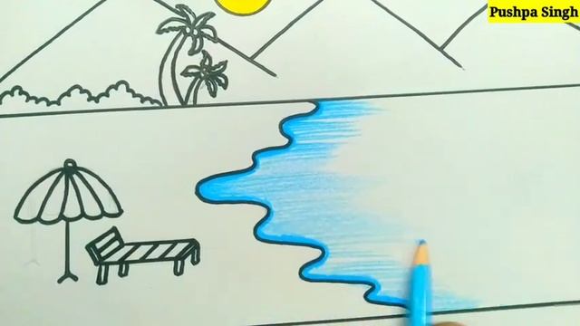 Summer Season Drawing Easy | How to Draw Sea Beach Scenery Easy step by step | Beach Scenery Drawin смотреть онлайн