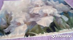 Вышивка крестом , белые ирисы . Урожай сливы и цветы.