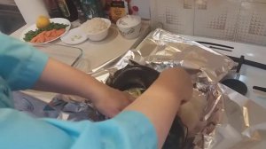 Блюдо.Сом с овощами в духовке.