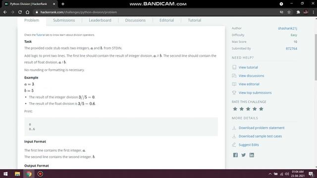 Hacker Rank Solution | Arithmetic Operator & Python-Division | Part-2