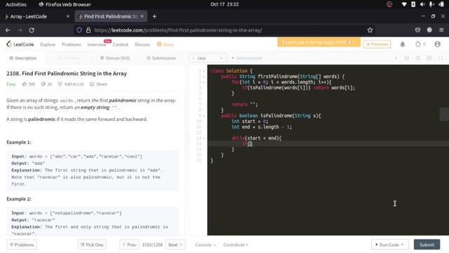 LeetCode 2108 : Find First Palindromic String in the Array | Solution in JAVA