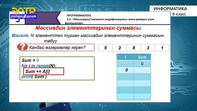 9-класс | Информатика  | Массивдин/тизменин модификациясы үчүн жана реверси үчүн функциялар