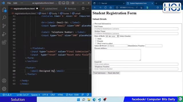 Create student registration webpage using HTML form elements and CSS.  [ Example ] | SWPD 4311603