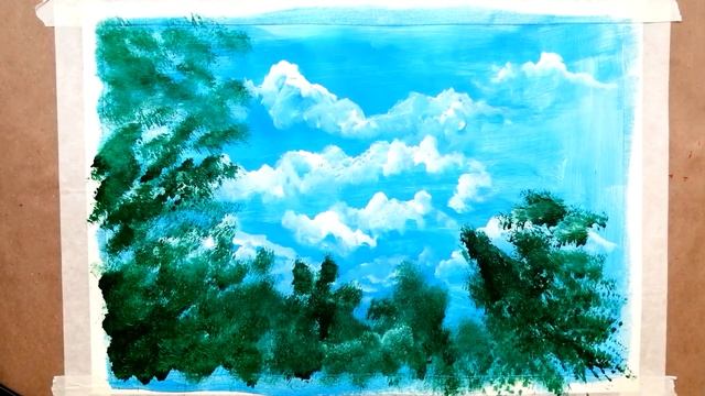 Как нарисовать ЛЕС И ОБЛАКА акрилом | Простой лесной пейзаж | Урок рисования для начинающих