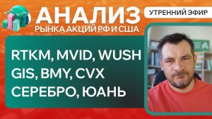 Анализ рынка акций РФ и США/ RTKM, MVID, WUSH, GIS, BMY, CVX/ Серебро, ЮАНЬ