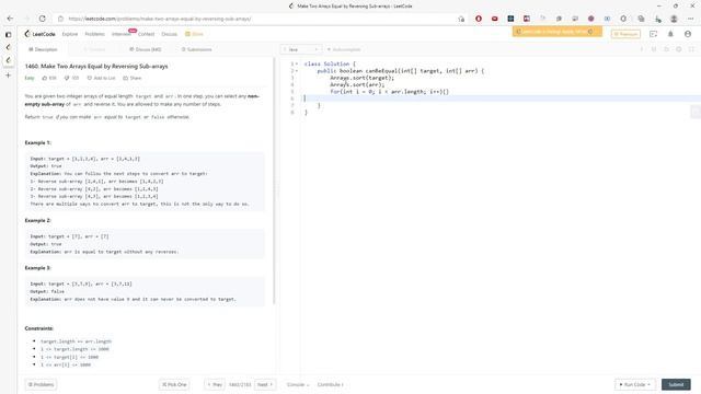 LeetCode 1460 | Make Two Arrays Equal by Reversing Sub-arrays | Sorting | Java смотреть онлайн