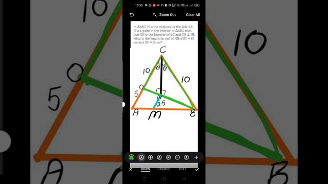 In triangle ABC, M is the midpoint of the side AB. N is a point in the interior if BC = 10, AC = 15