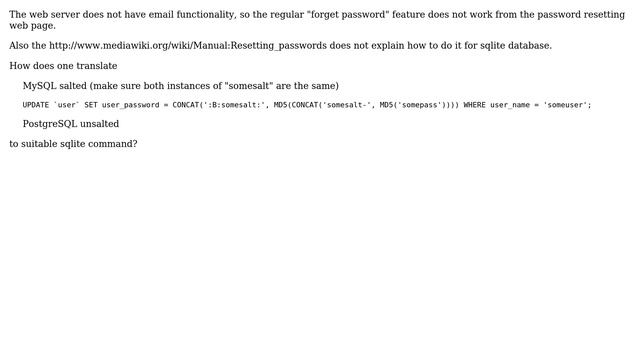 How to reset user password for a MediaWiki instance using sqlite database? смотреть онлайн