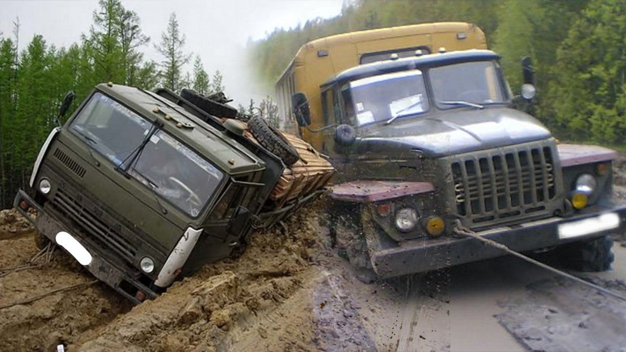 Грузовики камаз, урал, зил газ66 по тяжелому бездорожью.