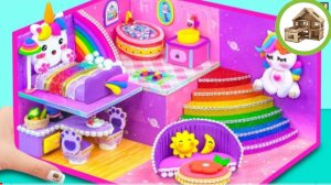 Фиолетовый домик с милой спальней из полимерной глины и картона своими руками