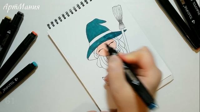 Как нарисовать милую маленькую ведьму с метлой и котом - Рисунок на Хэллоуин смотреть онлайн