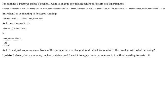 Databases: Postgres - C ＜parameter＞ = ＜value＞ Not Working For Postgres 11 In Docker