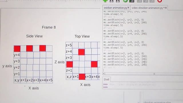 Minecraft Pi Python 3D animation video 3 blocks spreading out