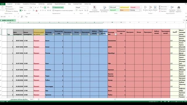 Футбольная турнирная таблица и график игр в программе Excel