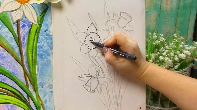 Как нарисовать ранний весенний цветок Нарцисс. Поэтапный рисунок. смотреть онлайн
