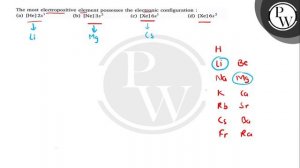 The most electropositive element possesses the electronic configuration :
(a) [He] 2 s^1
(b) [Ne]..