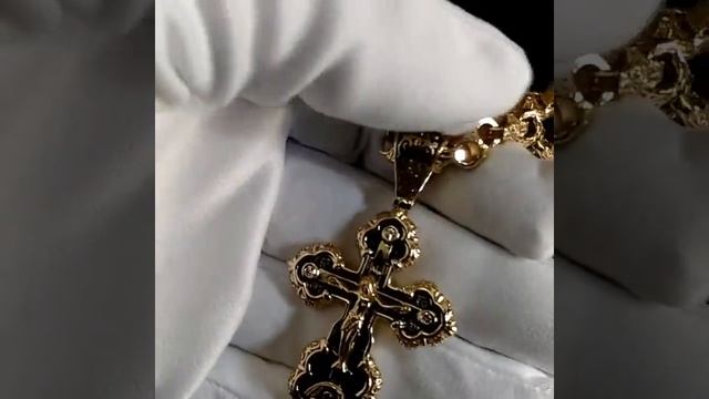 Эксклюзивный мужской крест из золота с эмалью на цепочке плетение Краб Средний смотреть онлайн