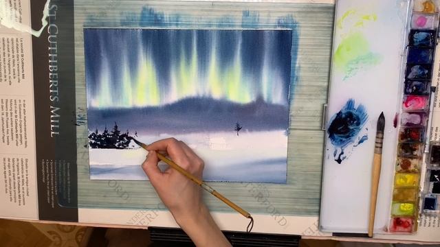 Как нарисовать Северное сияние акварелью | Акварельная картина "Снежный лес" | Демо