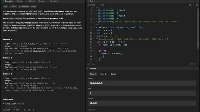 88. Merge Sorted Array  |Approach 1: Merge and sort |O((n+m)log(n+m)) | Leetcode | Easy | Javascrip