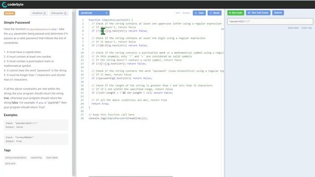 Simple Password - Interview assessment Coderbyte - Code challenge - Solution Source Code Answers