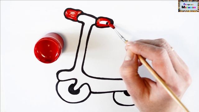 Как нарисовать самокат / мультик раскраска самокат для детей / учим цвета смотреть онлайн