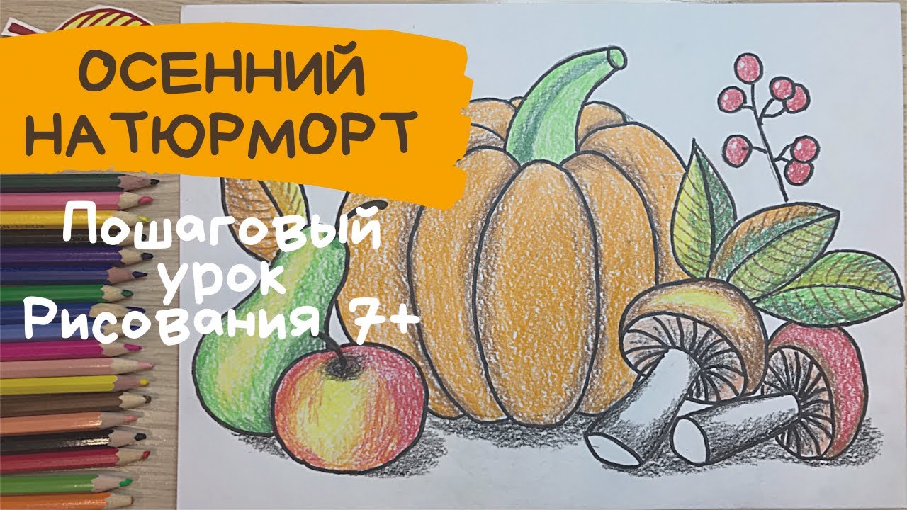 Осенний натюрморт рисунок. Осенний рисунок. Рисунок овощи и фрукты  Натюрморт грибы тыква