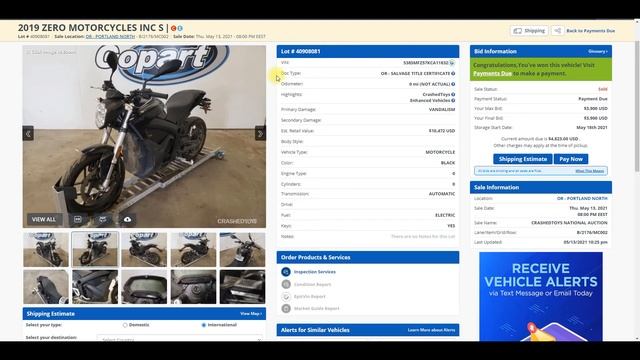 2019 ZERO MOTORCYCLES S 14.4 куплен на Copart за 3900$ электромотоцикл смотреть онлайн