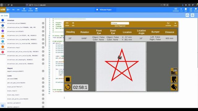 Draw spiral star in Python VEXCode VR
