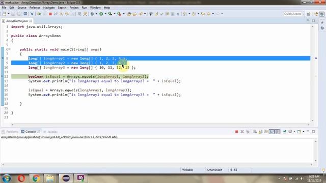 How to use equals(long[] a, long[] a2) method of Java.util.Arrays Class?