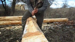 Сруб в русский угол , выбираем черту ( паз ) топором .