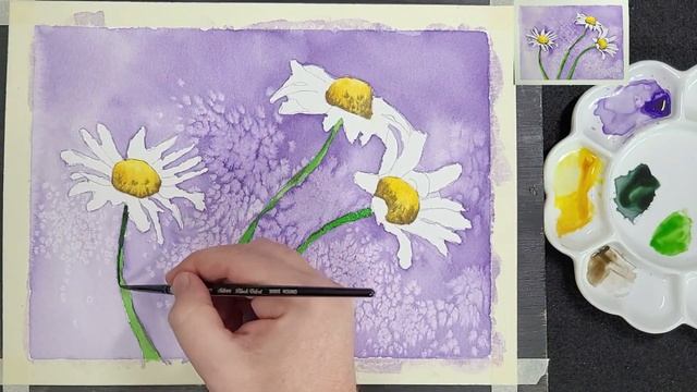 Paint these pretty daisies in watercolor, using salt for the background смотреть онлайн