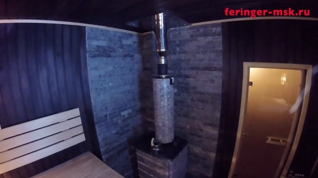 Печь Ферингер нестандартной формы (Квадрат) в облицовке талькомагнезитом. Черная вагонка в бане. смотреть онлайн