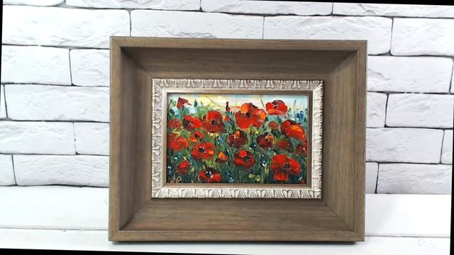 Маленькая картина маслом Пейзаж Поле с маками 10*15 см #живописьмаслом