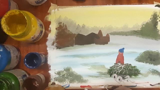 Как нарисовать зимний пейзаж, Предновогодняя суета. Рисуем зиму гуашью. Зимний день красками. смотреть онлайн