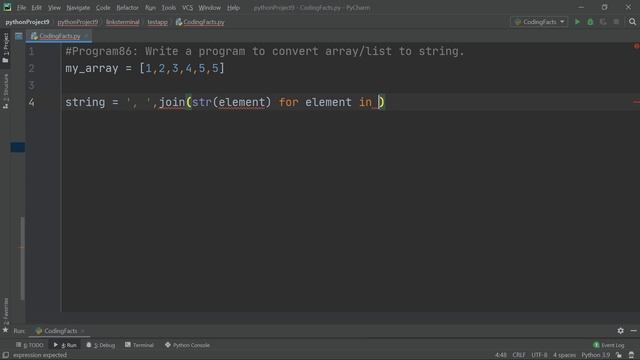 Convert Array To String | Program 86 | Solutions For Python 100 Exercises | CodingFacts