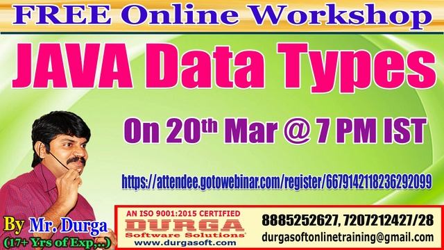 JAVA Data Types (FREE Online Workshop) On 20th March @7PM IST  by Durga sir