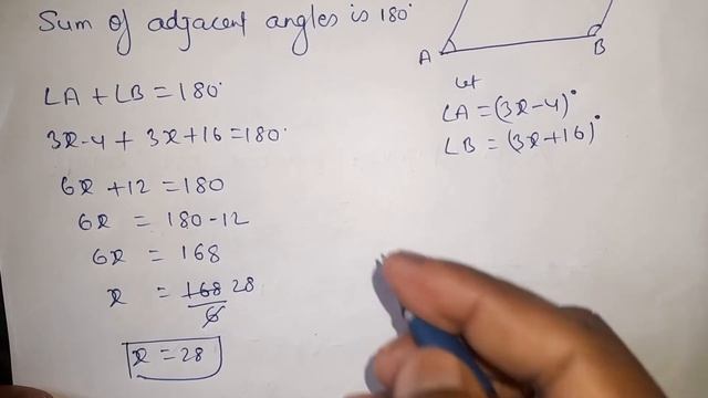 Two adjacent angles of a parallelogram are ( 3x - 4)° and (3x +16)°. Find the value of x and ... смотреть онлайн