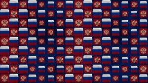 Герб и флаг России в колеблющемся полотне. Фон - волна. Зацикленная анимация в 4K.