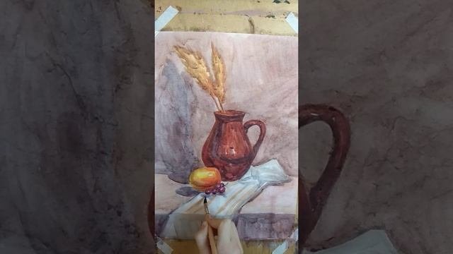 Живопись. Натюрморт из двух предметов быта и драпировки с несложным орнаментом 3