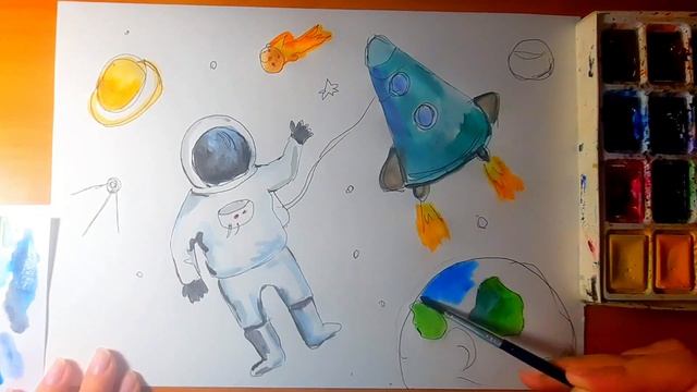 Космос. Как рисовать. День космонавтики. Космонавт. 12 апреля. Простой рисунок космоса смотреть онлайн