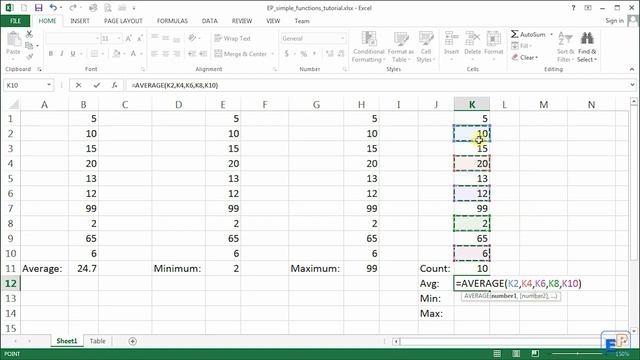 Easy Excel Tutorial - Simple Excel Functions - Avg, Min, Max, & Count (4)