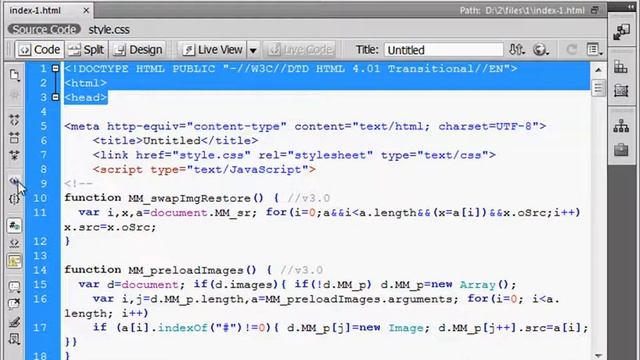 Режим Code в Adobe Dreamweaver CS4 (12/51) смотреть онлайн